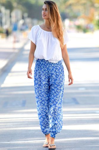 Harem Organic Cotton Trousers | Oak Leaf Marina Blue/White